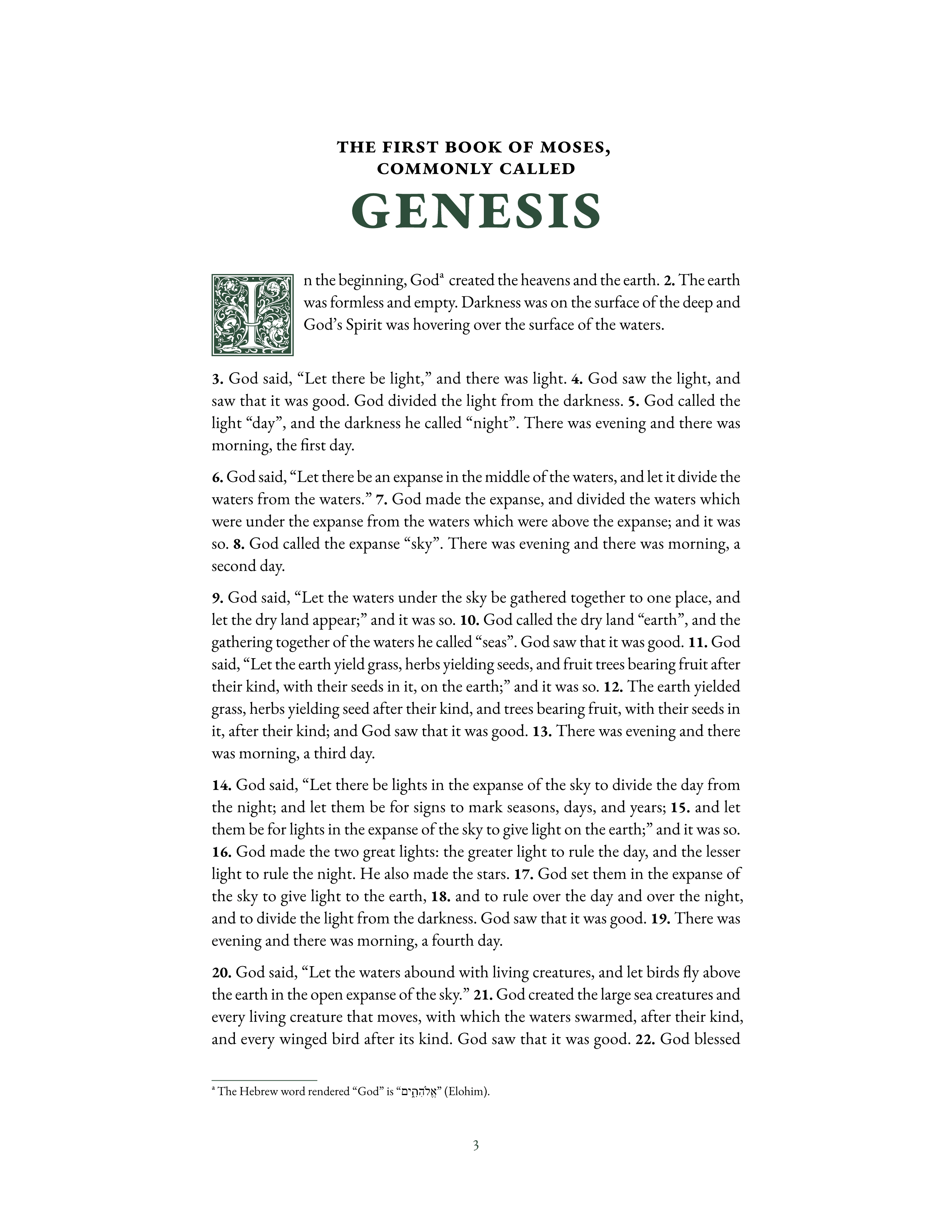 Genesis 1:1 in the standard reading layout, US Letter