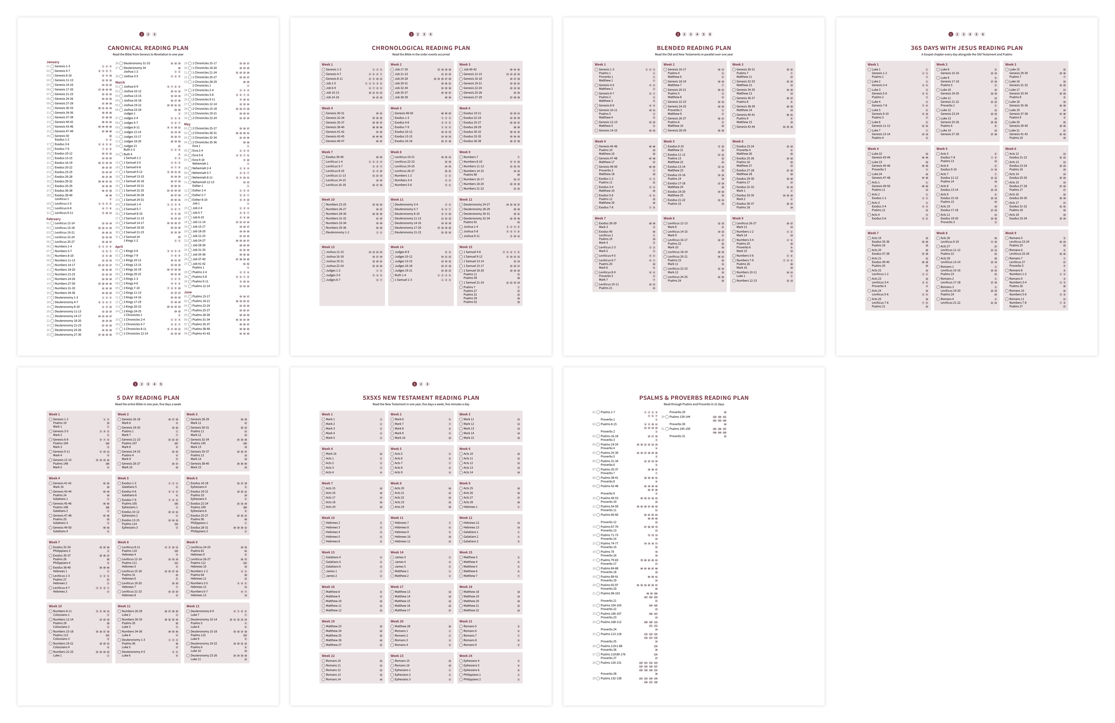 Seven reading plans laid out side by side: canonical, chronological, blended, Jesus, 5-day, NT 5x5x5, and Psalms & Proverbs