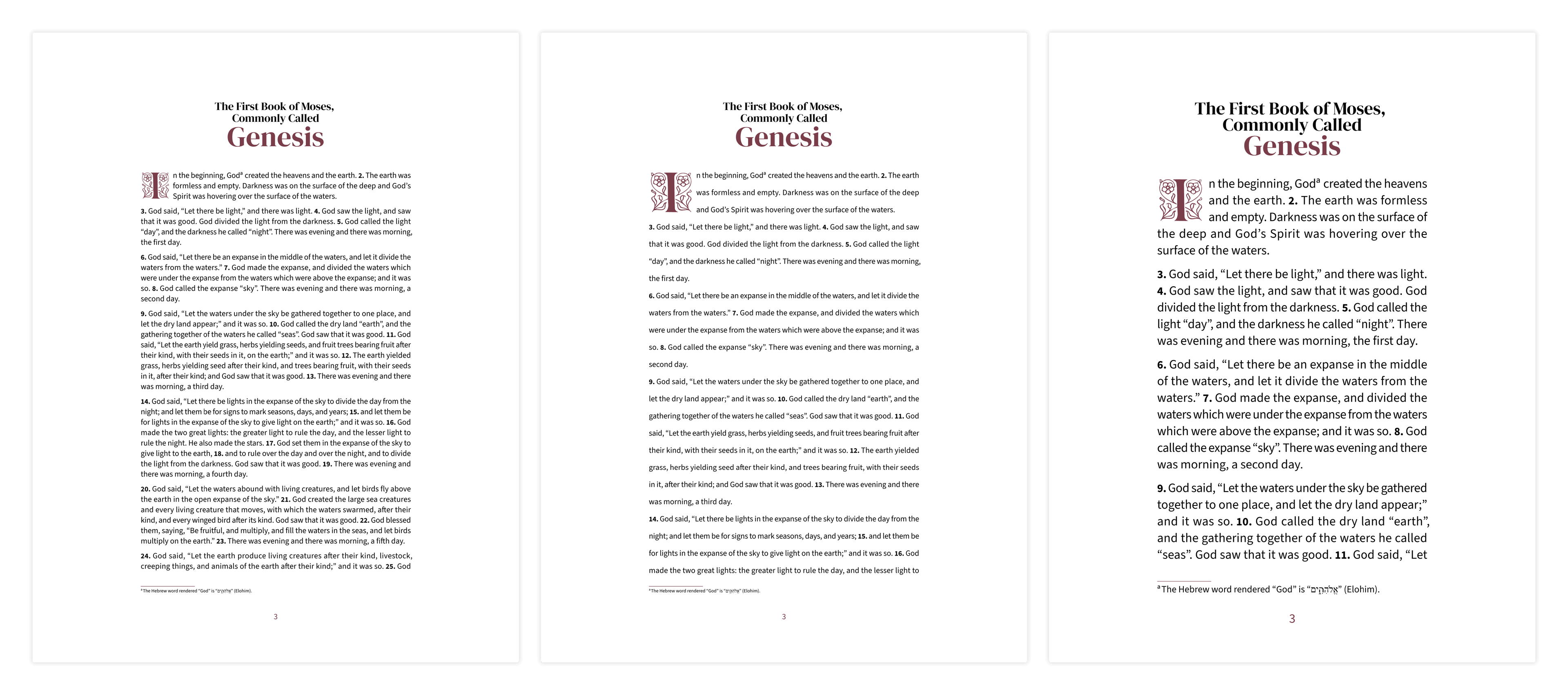 Three reading layouts in the Embrace design: standard, double-spaced, and large-print