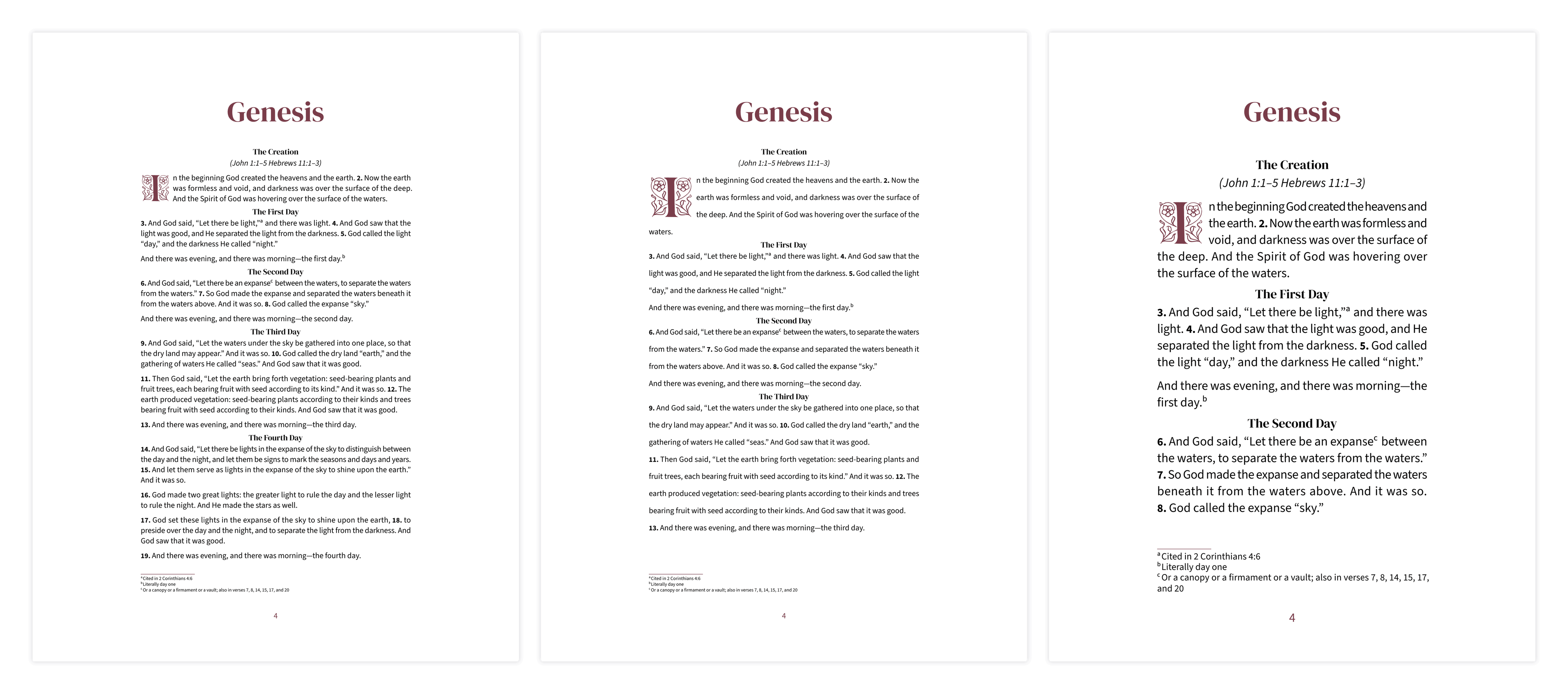 Three reading layouts in the Embrace design: standard, double-spaced, and large-print