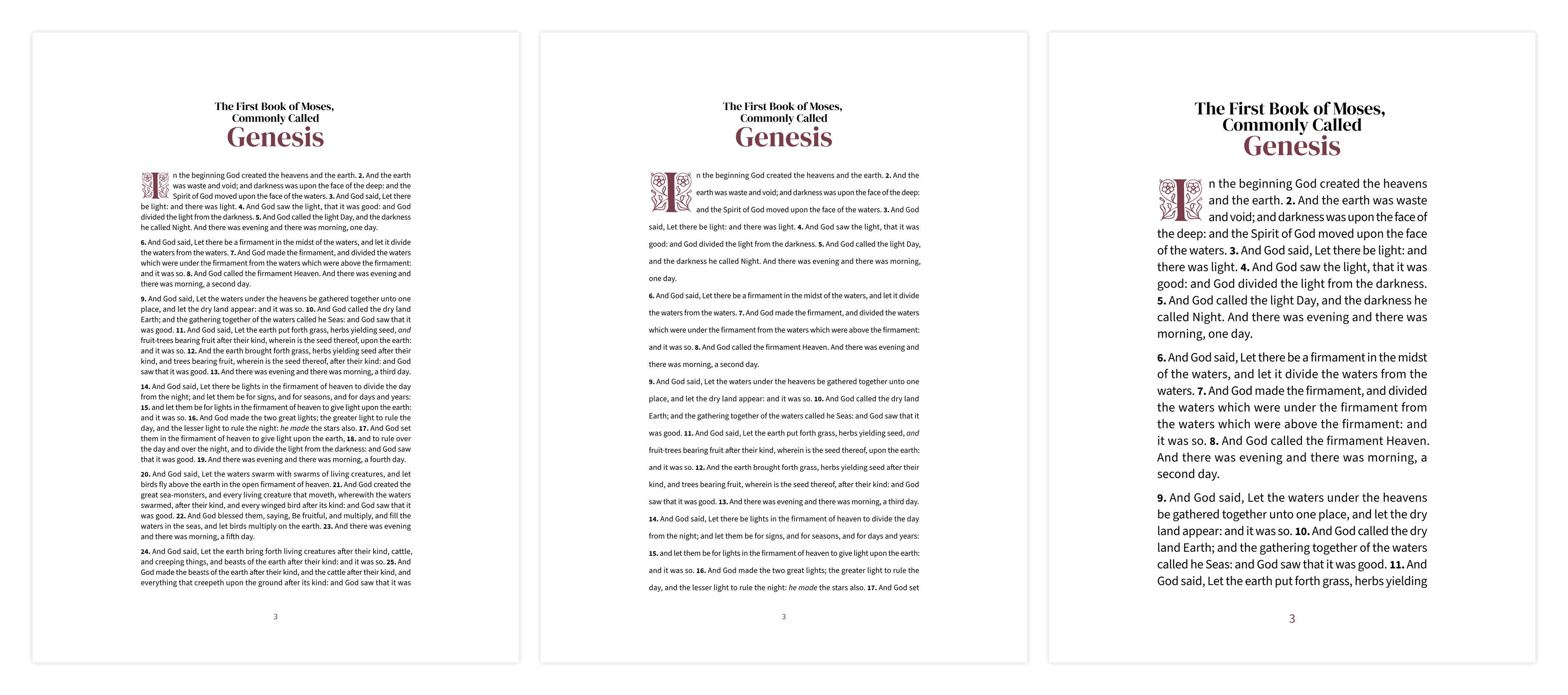 Three reading layouts in the Embrace design: standard, double-spaced, and large-print