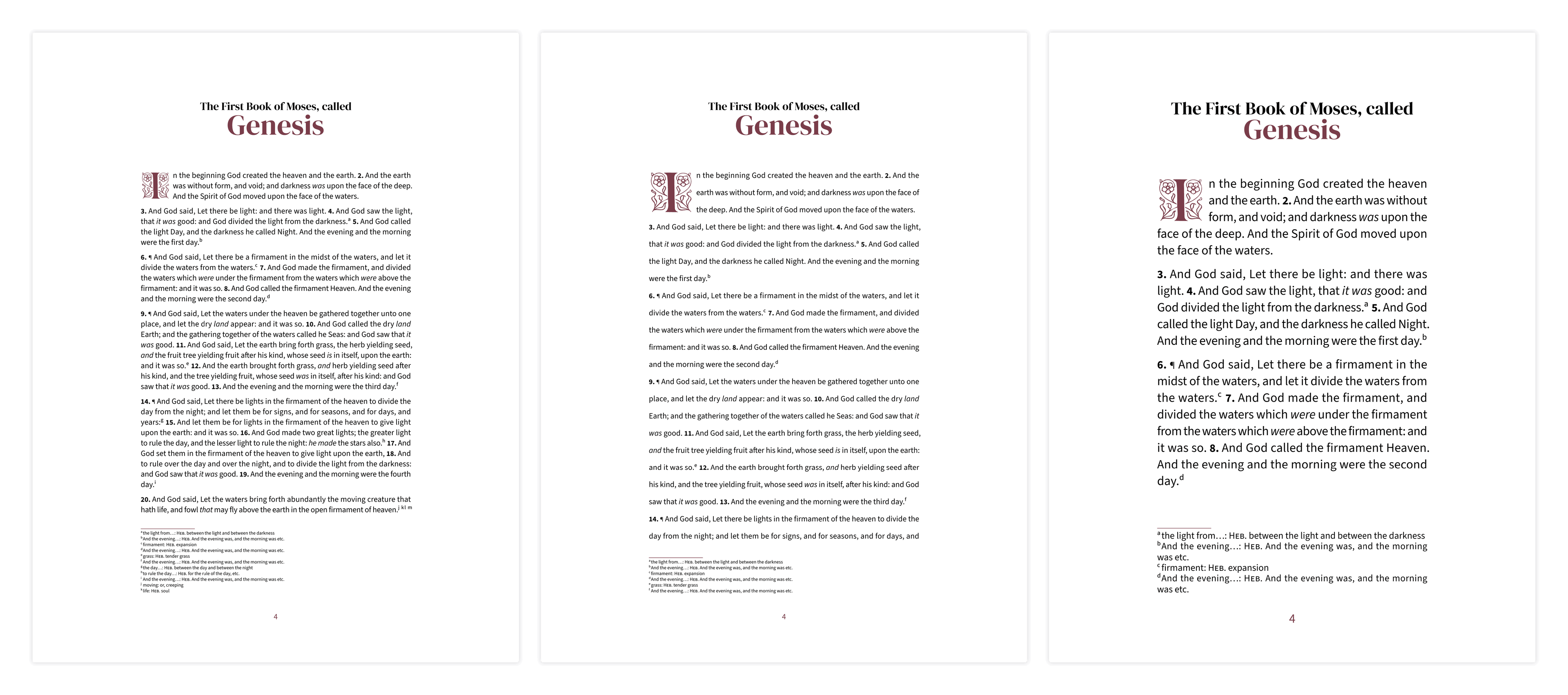 Three reading layouts in the Embrace design: standard, double-spaced, and large-print