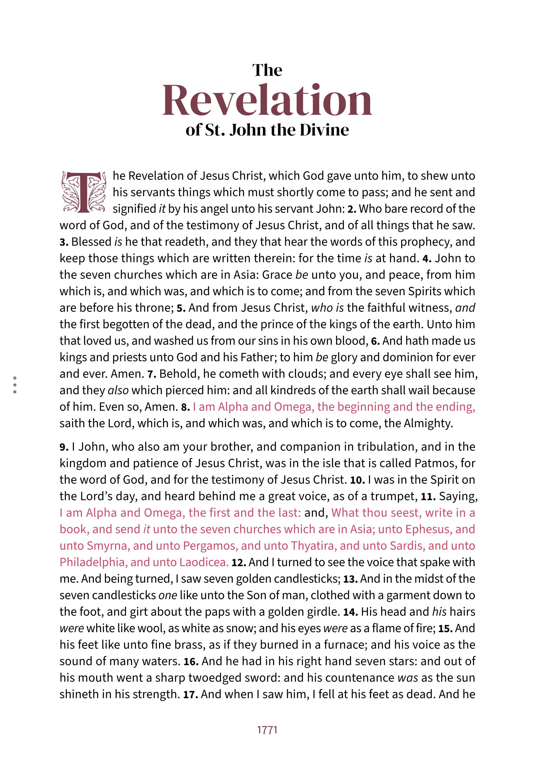 Interior spread showing Revelation 1:1 in the Embrace reading layout