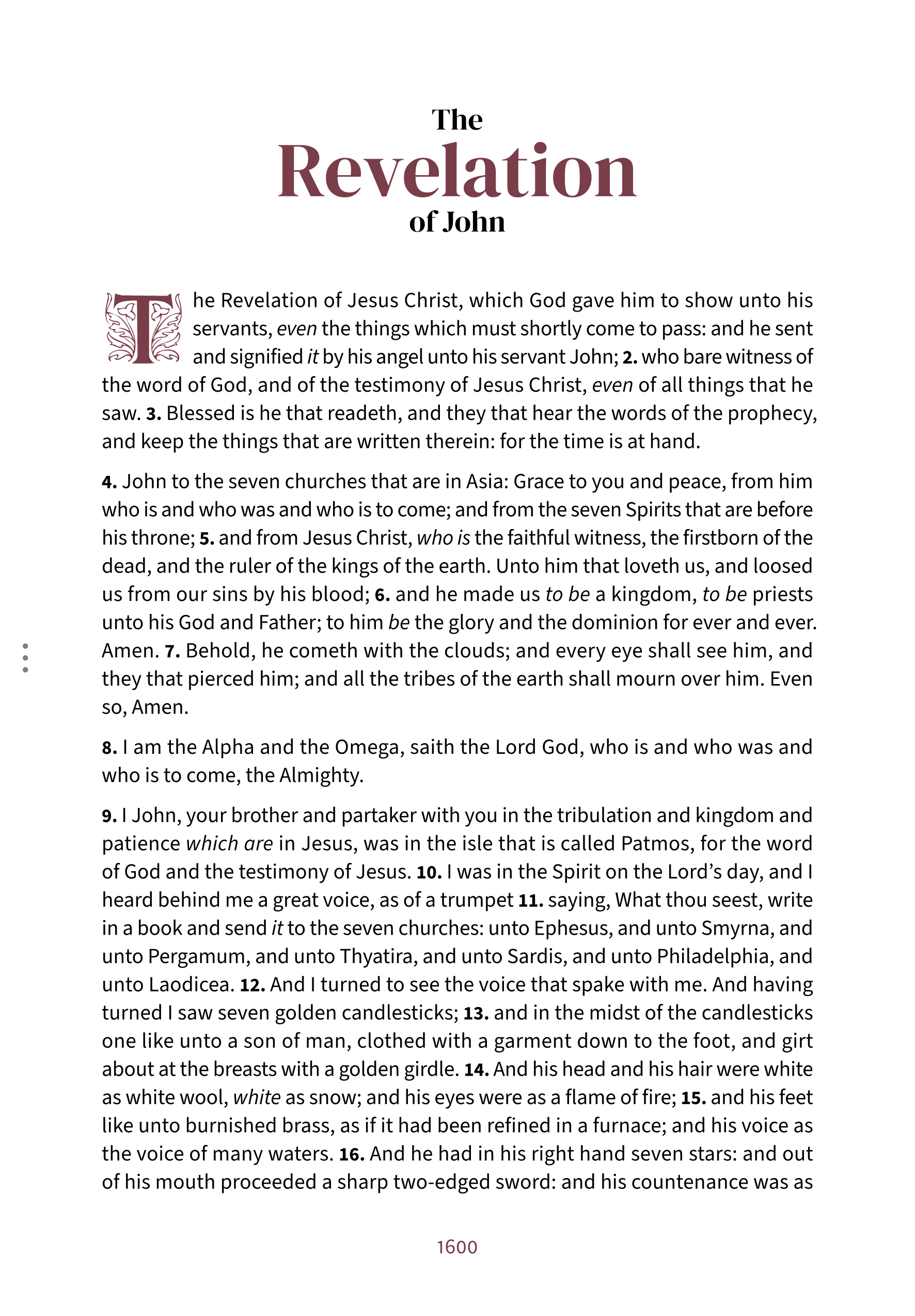 Interior spread showing Revelation 1:1 in the Embrace reading layout