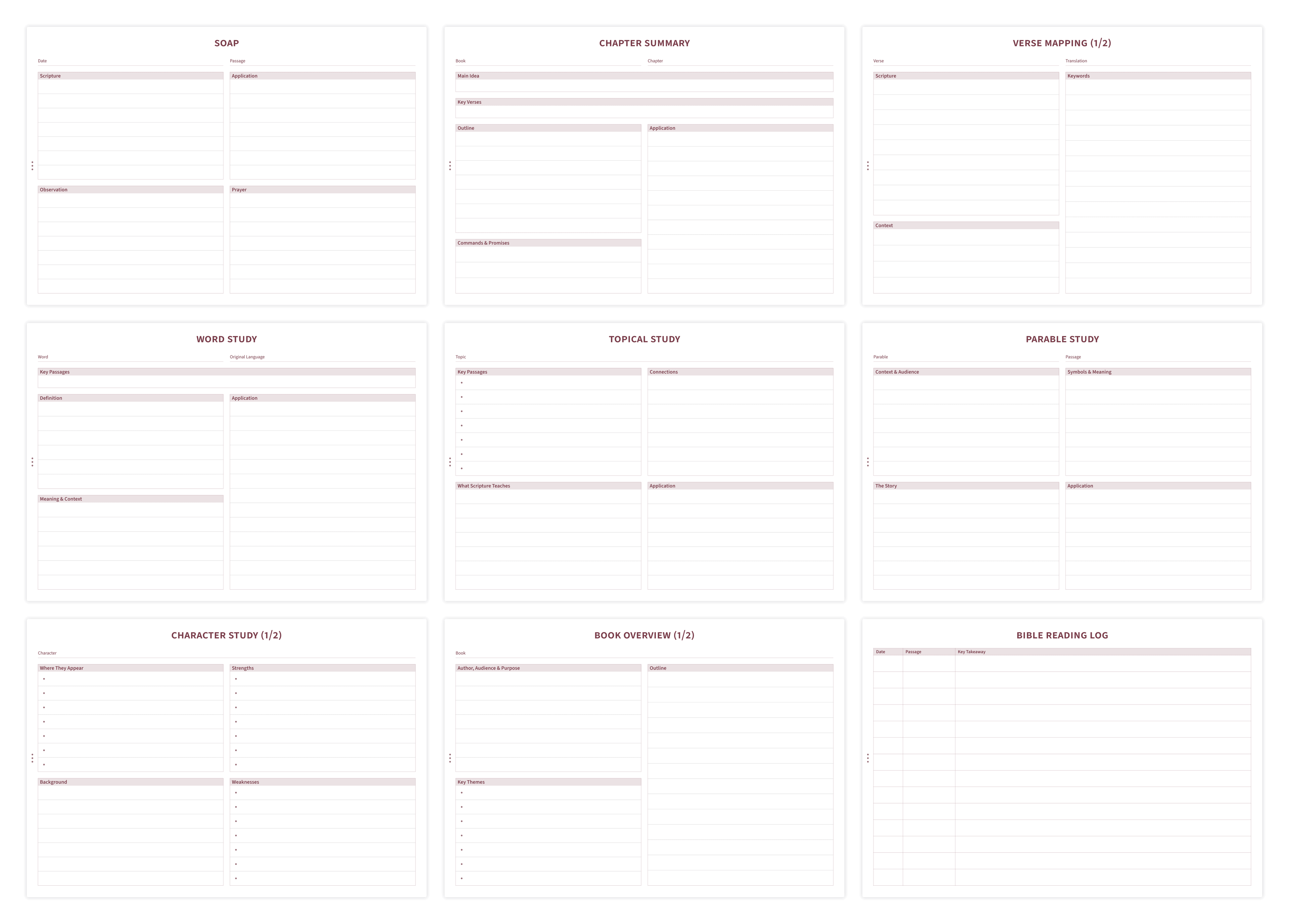 Overview of Bible study templates including SOAP, verse mapping, and word study