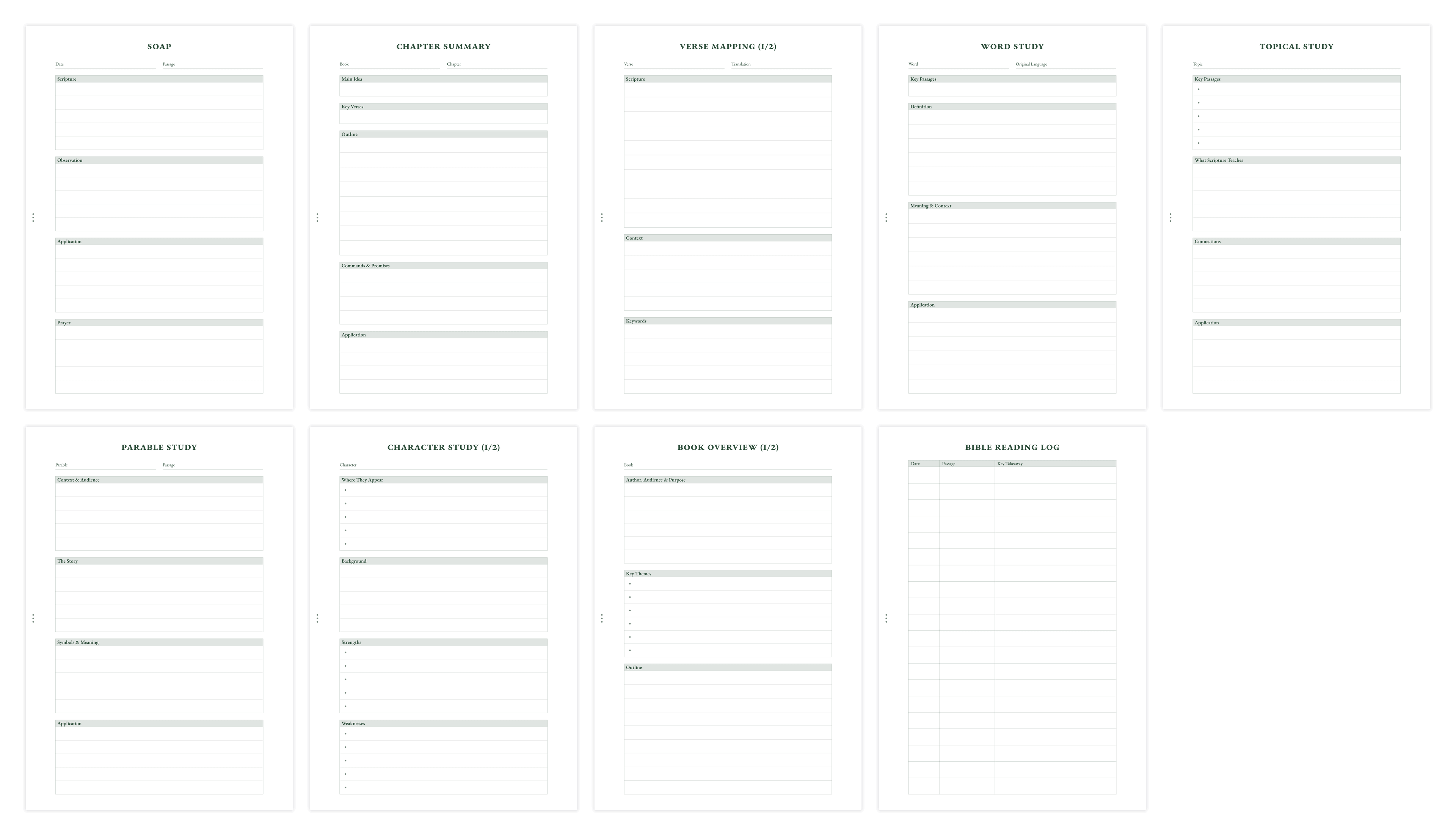 Overview of Bible study templates including SOAP, verse mapping, and word study