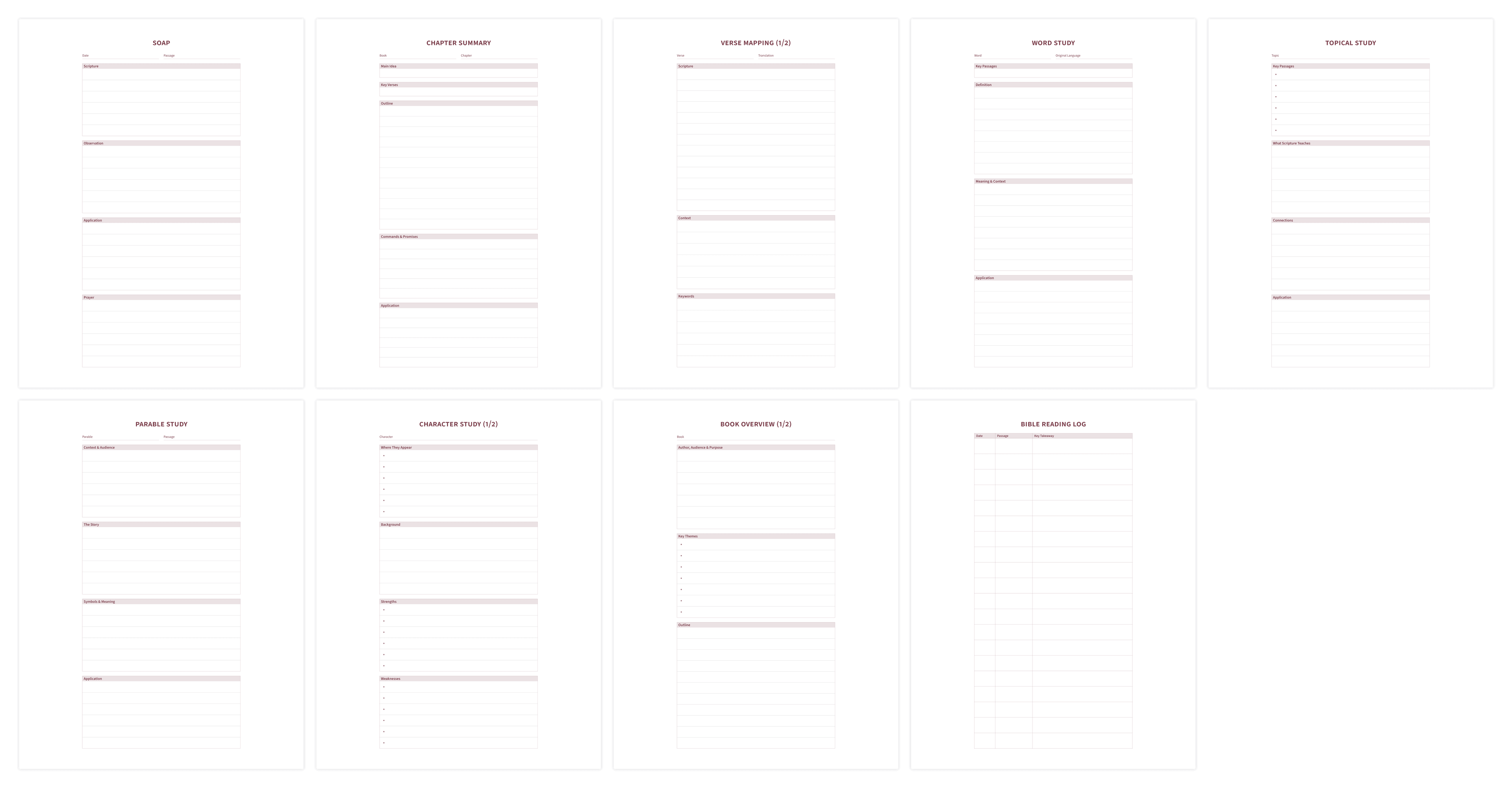 Overview of Bible study templates including SOAP, verse mapping, and word study