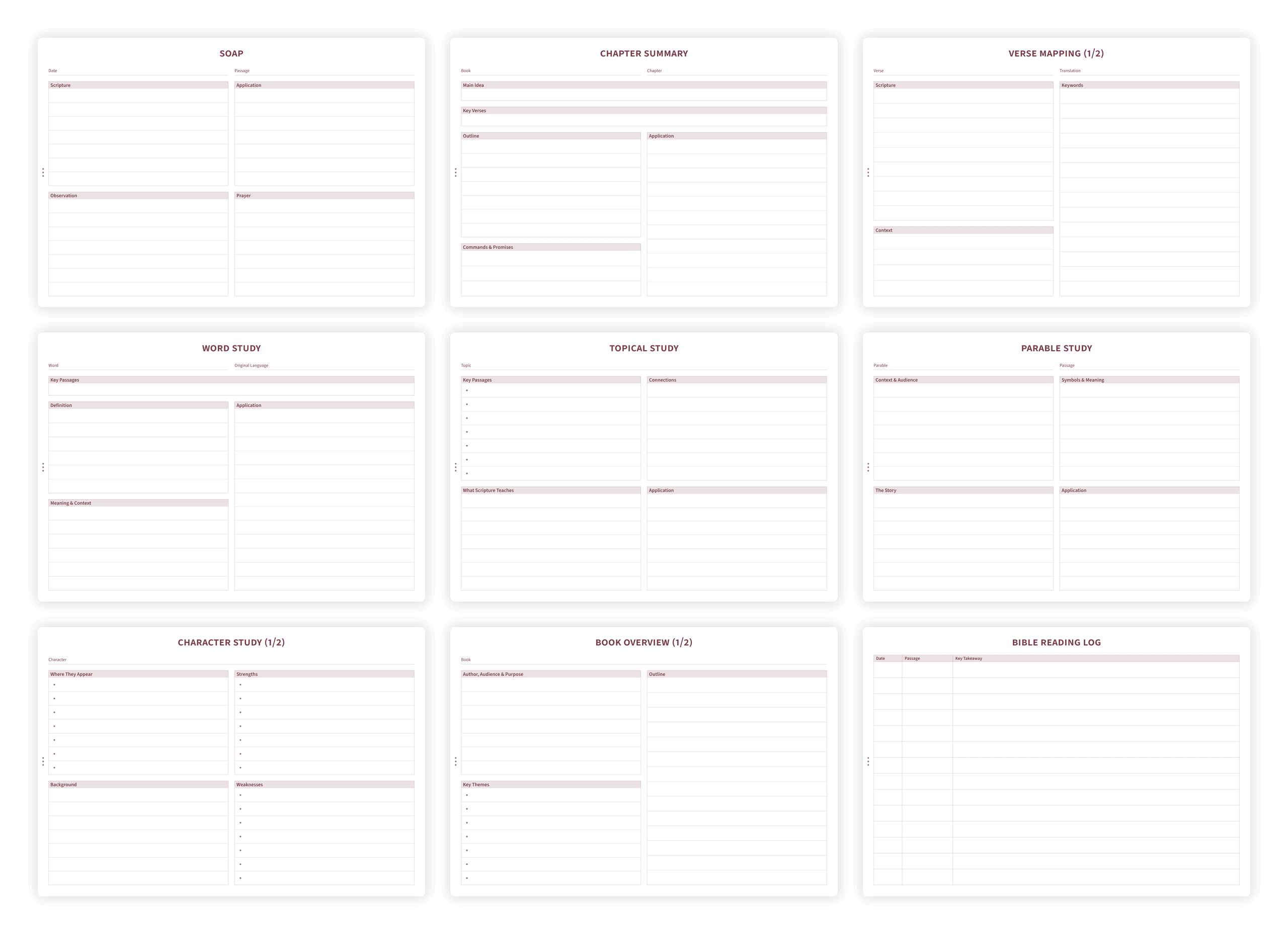 Overview of Bible study templates including SOAP, verse mapping, and word study