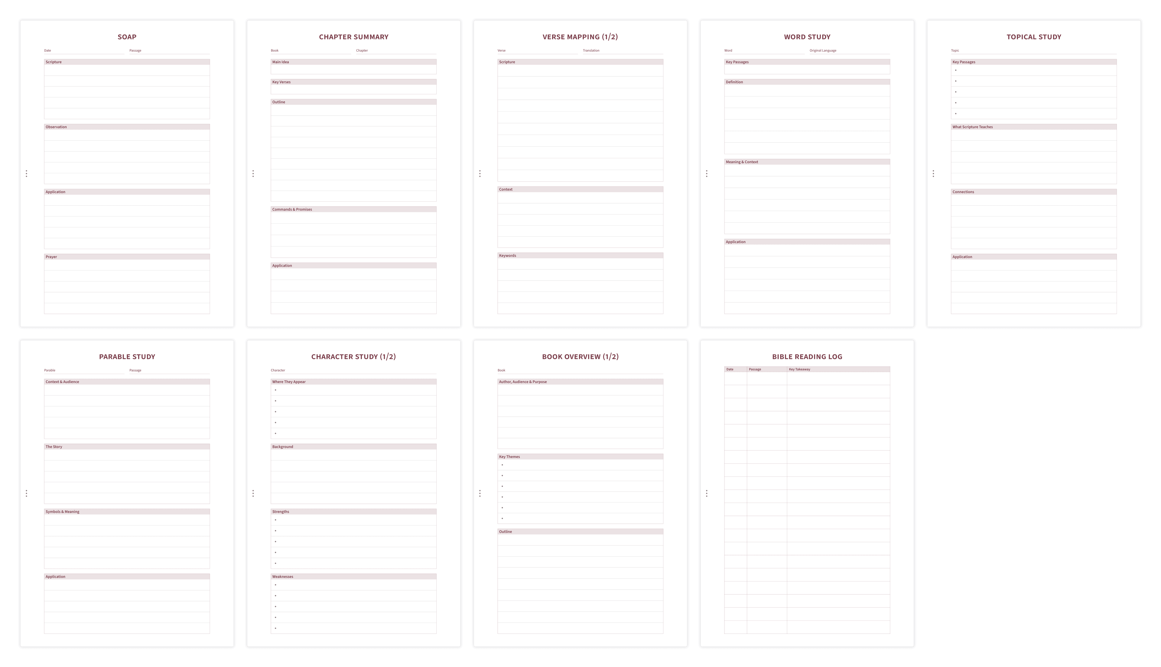 Overview of Bible study templates including SOAP, verse mapping, and word study