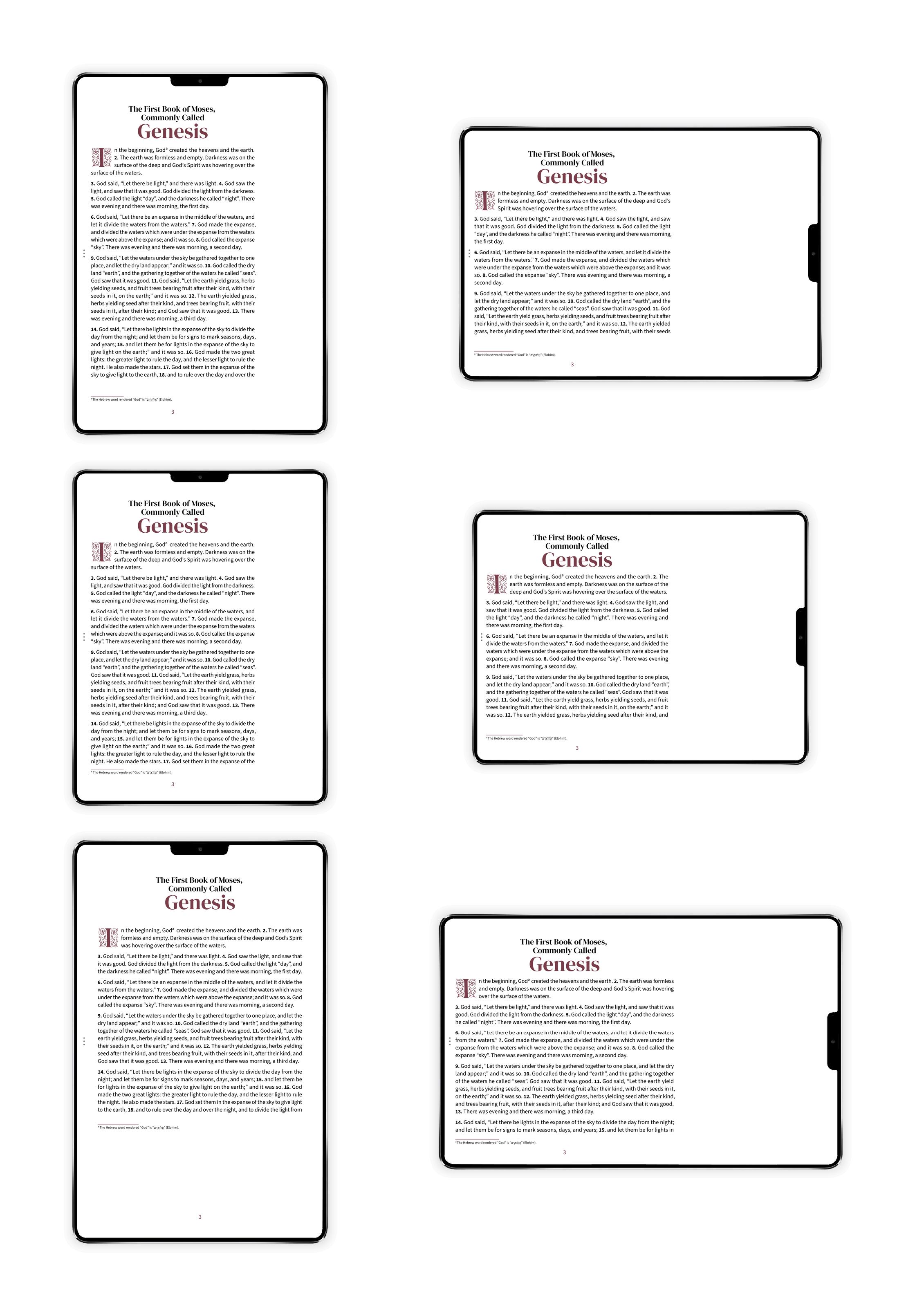 Six tablet views showing Bible pages in portrait and landscape for each tablet aspect ratio: 4:3, 1.43:1 (23:16), and 16:10