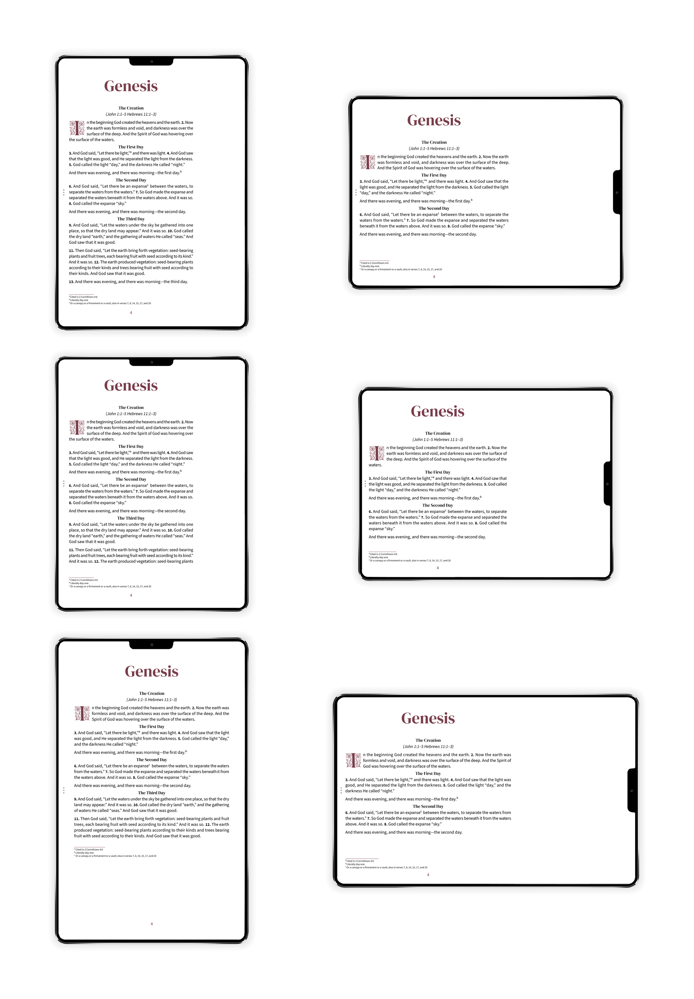 Six tablet views showing Bible pages in portrait and landscape for each tablet aspect ratio: 4:3, 1.43:1 (23:16), and 16:10